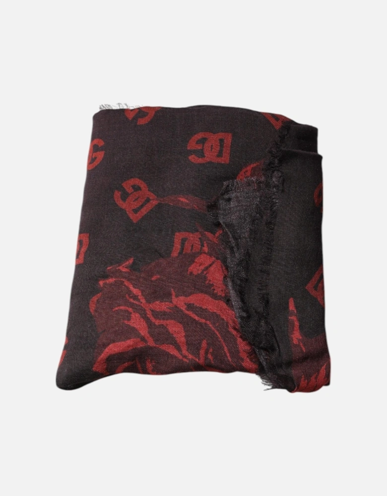 Modal Floral Scarf with Wool Blend Women - Black And Red Scarves