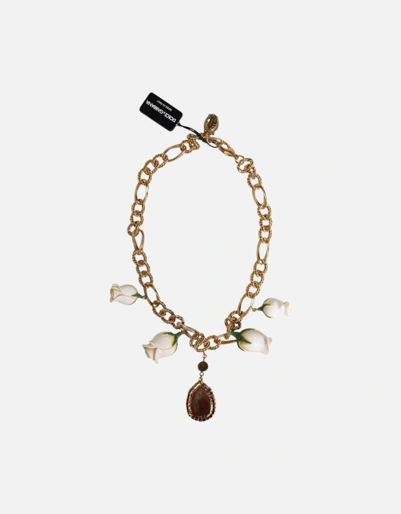 Gold-Tone Floral Necklace with Stone Embellishments Women