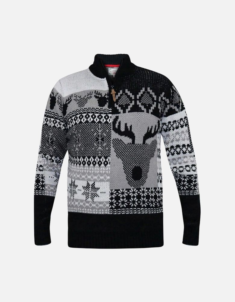 Icicle 1/4 Zip Knitted Christmas Jumper With Stag - Black
