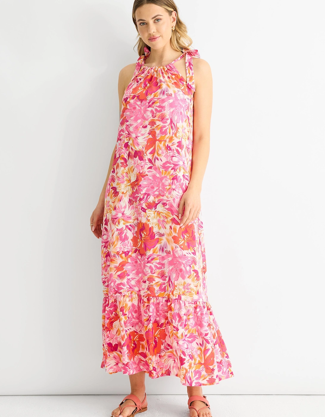 Gini London Gini London Women's Pink Floral Tie Straps Trapeze Dress