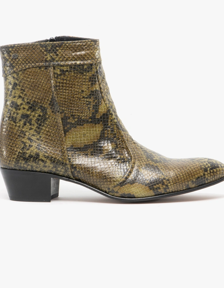 EMMANUEL Mens Snakeprint Leather Cuban Heel Boots Musgo