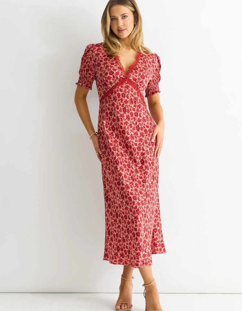 Red Floral Lace Trim V Neck Midi Dress