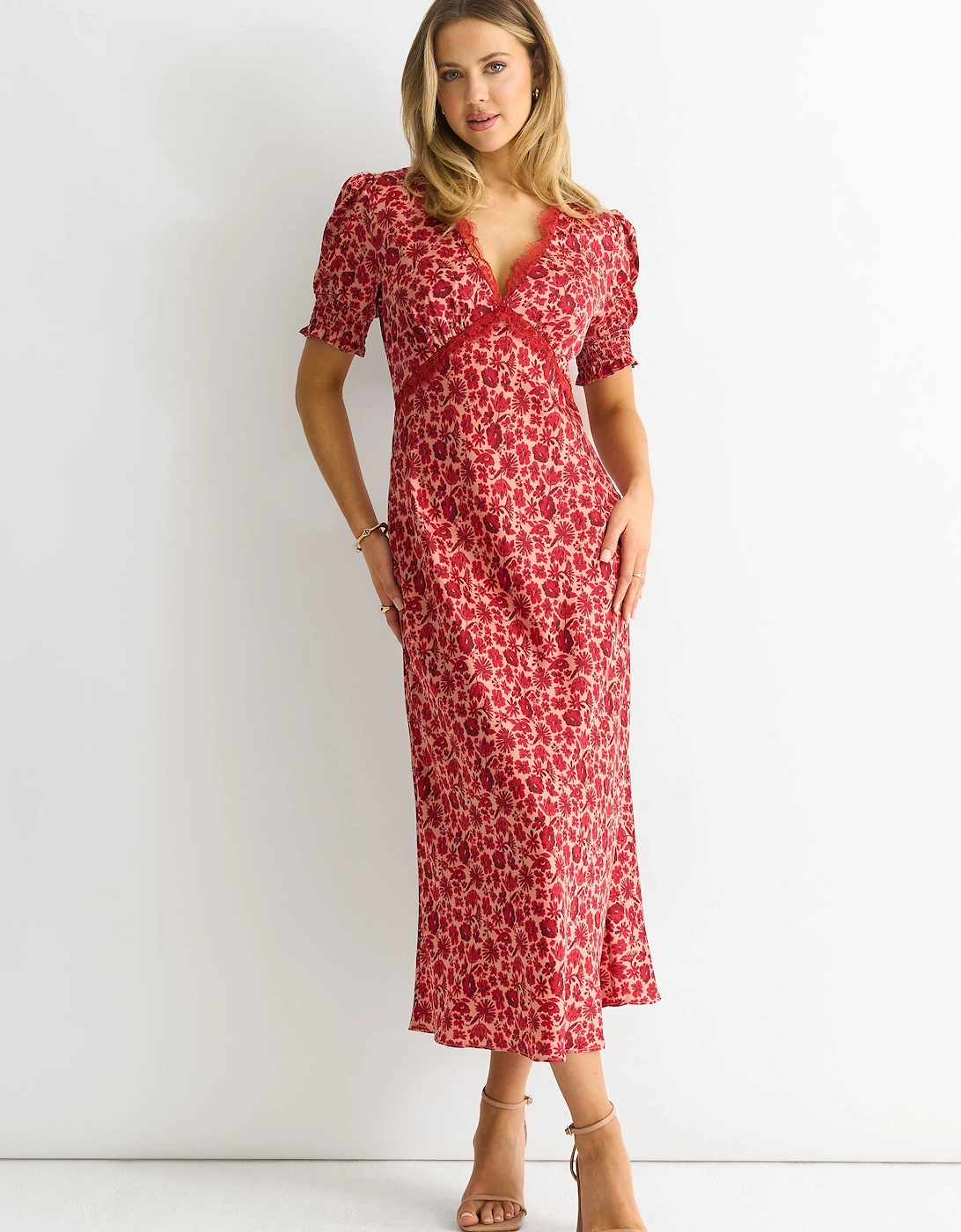 Gini London Women's Red Floral Lace Trim V Neck Midi Dress - Size: 12