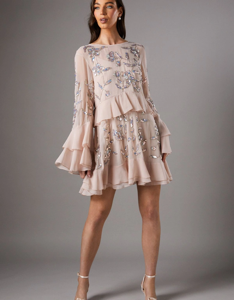 Sequin Long Sleeve Ruffle Mini Dress