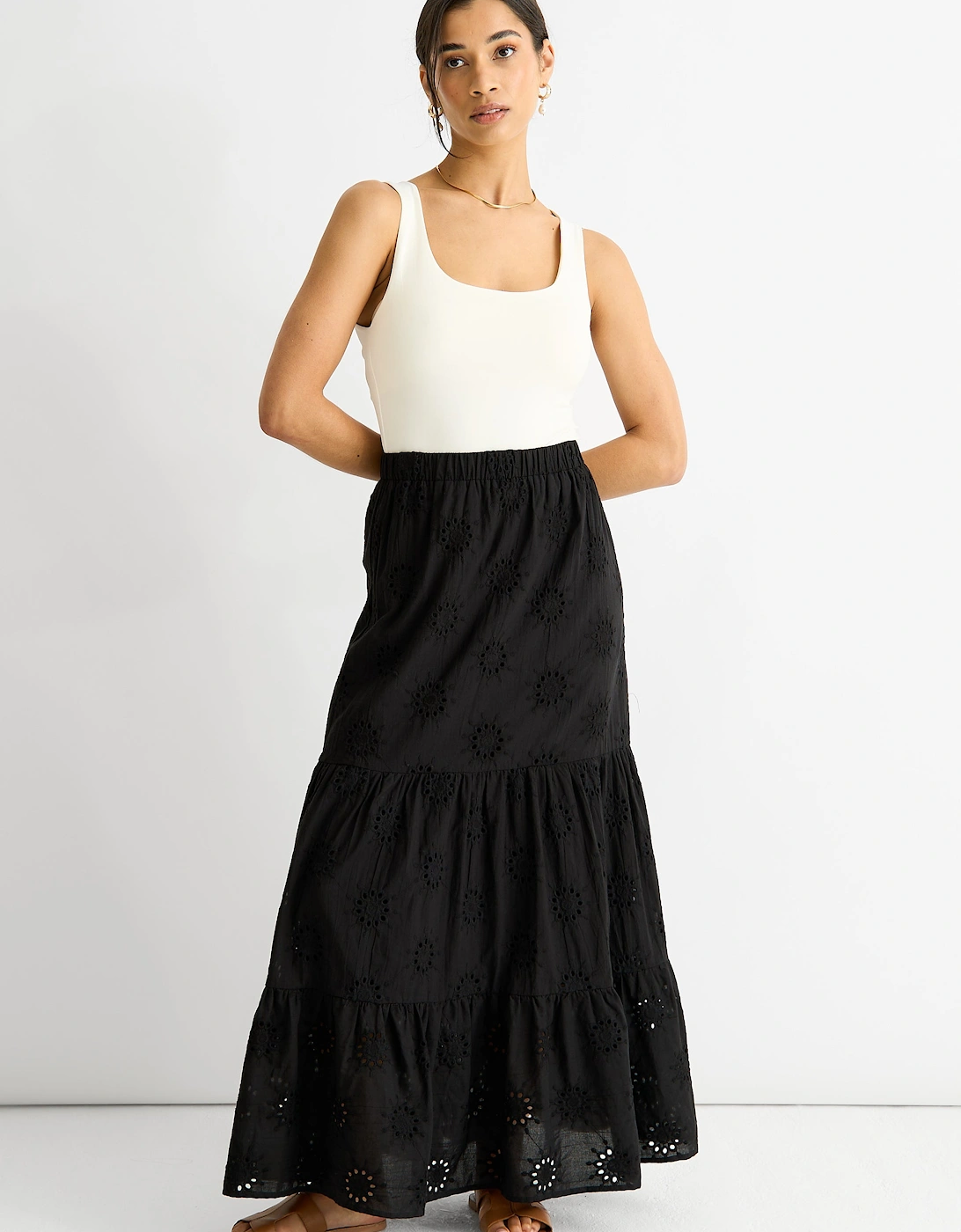Gini London Women's Black Tiered Lace Embroidered Long Skirt - Size: 14