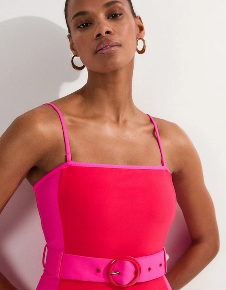 Contrast Panelled Bandeau Swimsuit With Belt