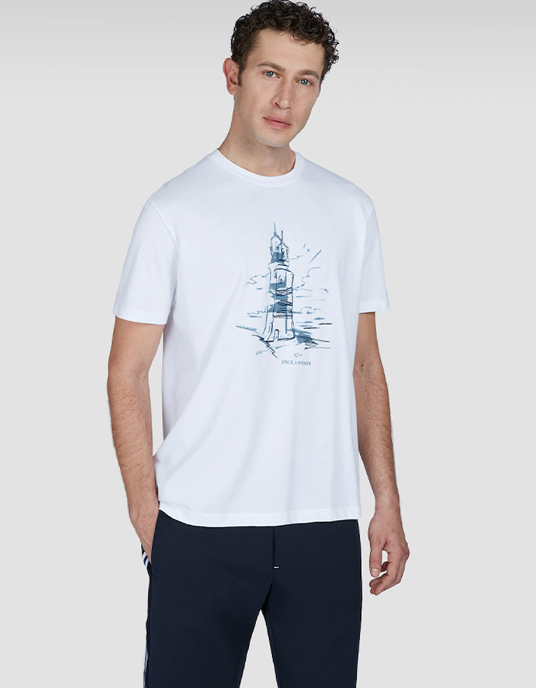 Paul & Shark Men's White T-Shirt  Cotton Jersey With Lighthouse Print - Size 38