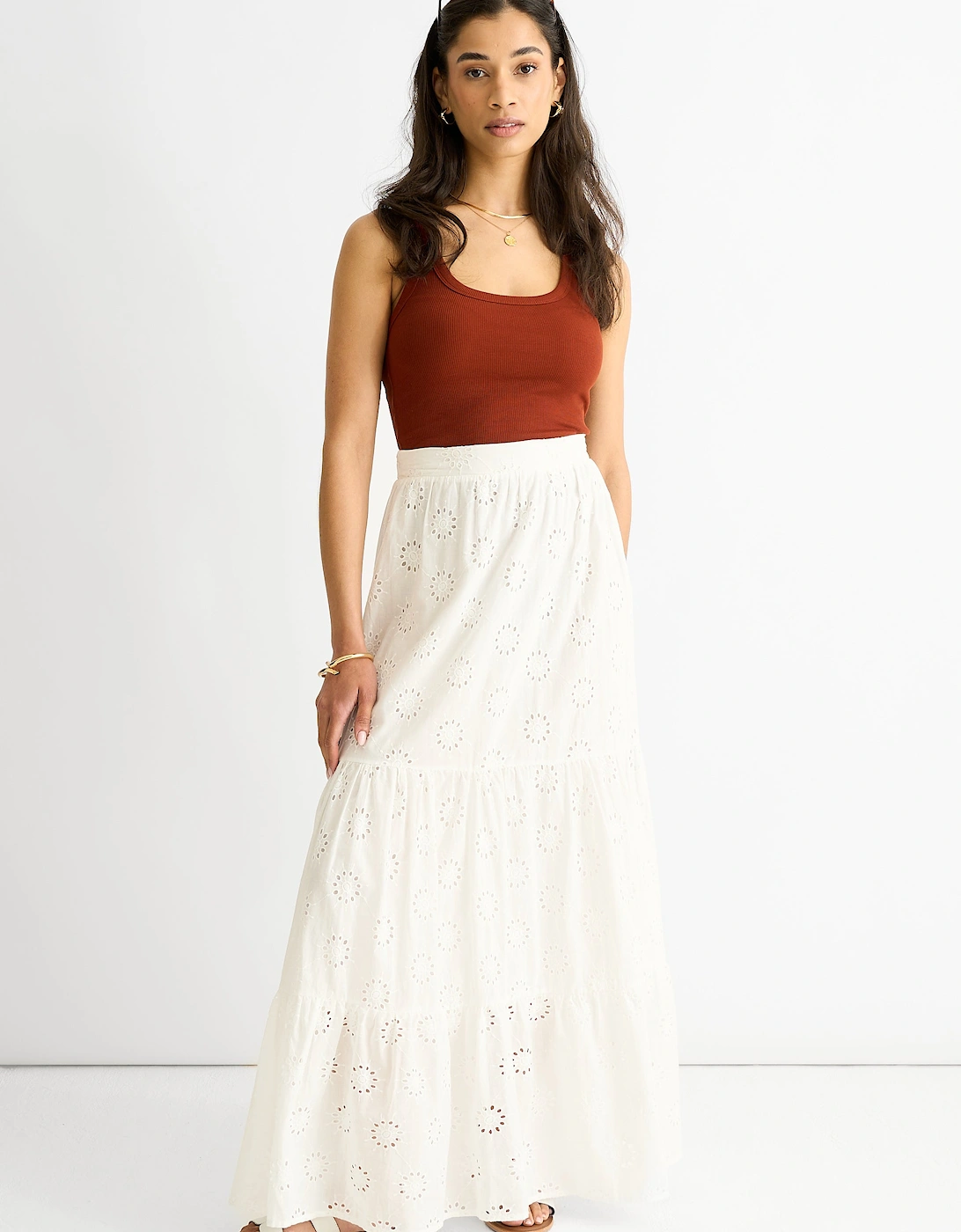 Gini London Women's White Tiered Lace Embroidered Long Skirt - Size: 12