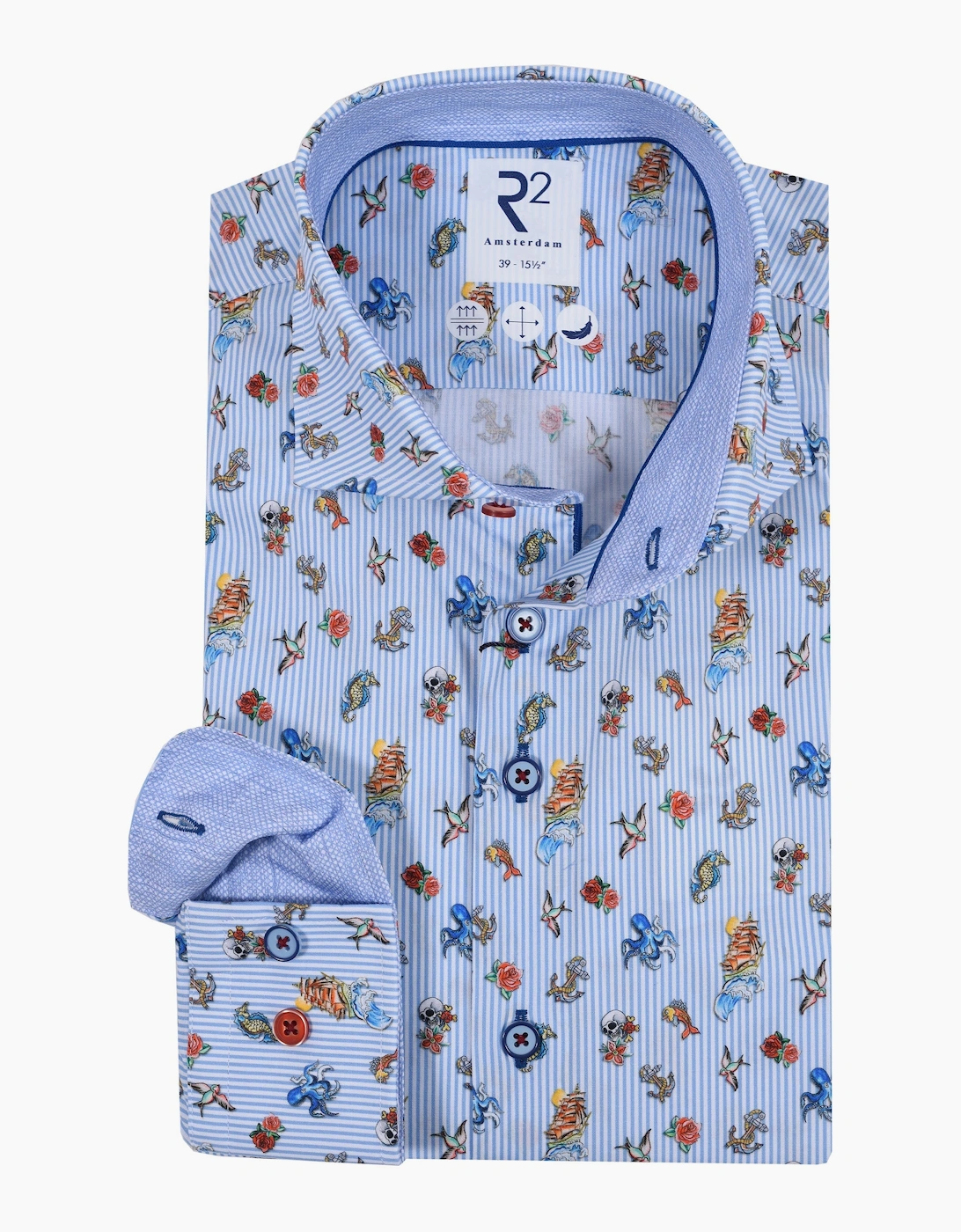 R2 Men's R2 Long Sleeved Cut Away Collar Ocean Print Shirt Light Blue