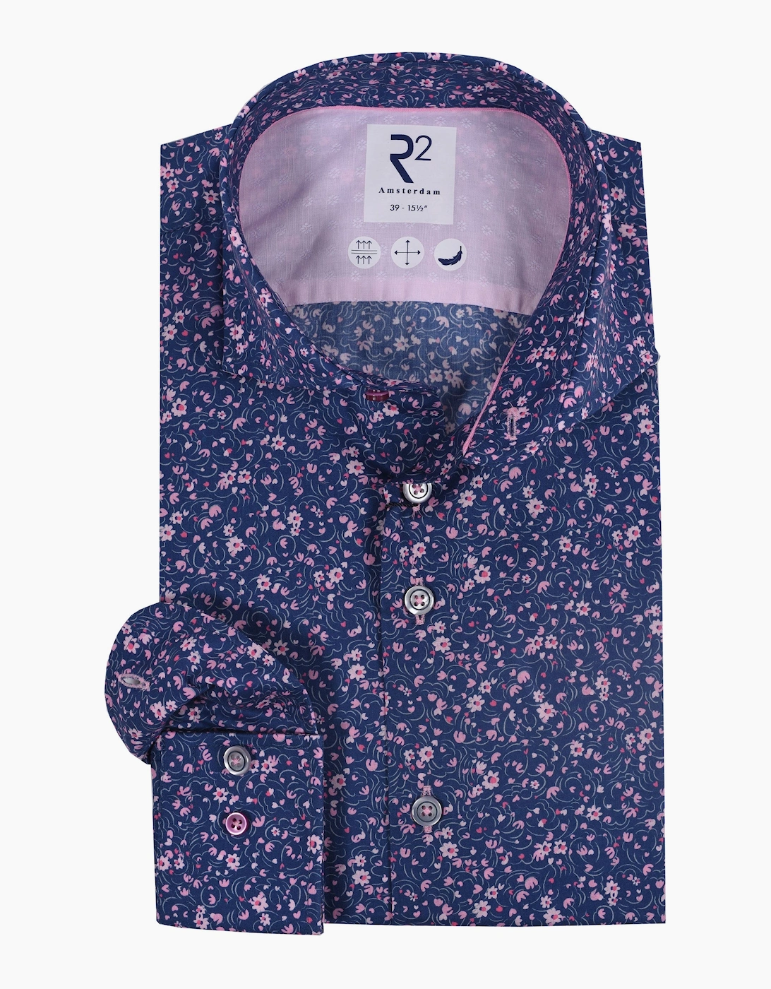 Men's R2 Cutaway Collar Liberty Print Shirt Navy & Pink - Pink Liberty Print - Size: 48
