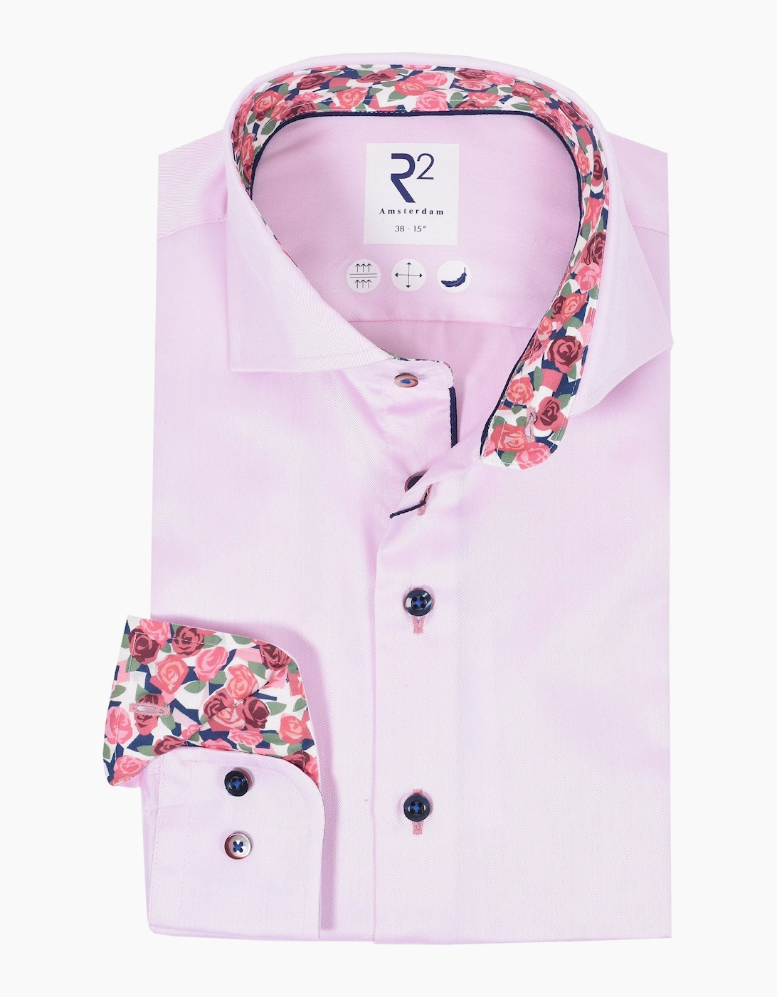 Men's R2 Cut Away Collar Long Sleeved Shirt Pink with Rose Trim - Size: 40