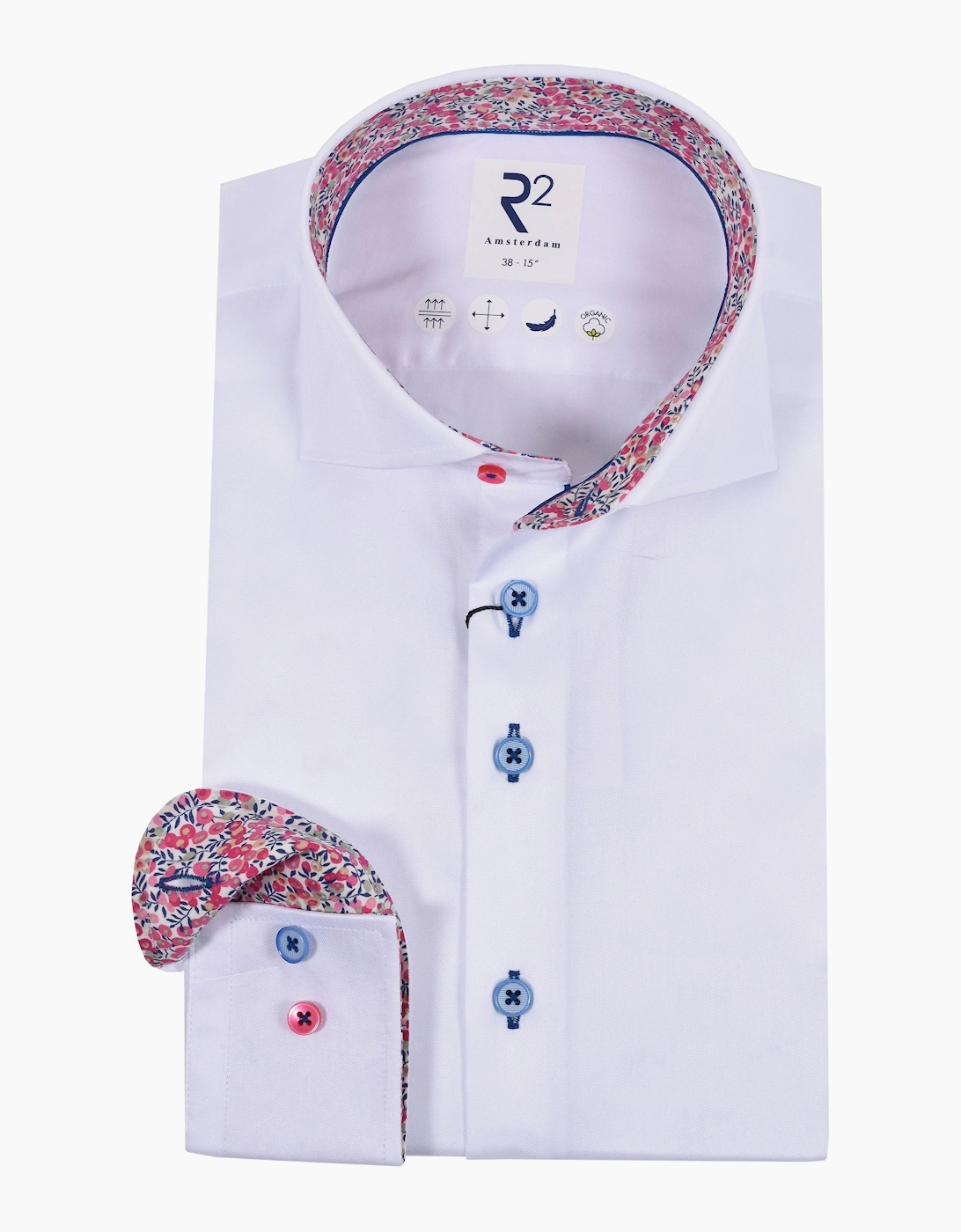 Men's R2 Cut Away Collar Long Sleeved Shirt White with Pink Floral Trim - Size: 40