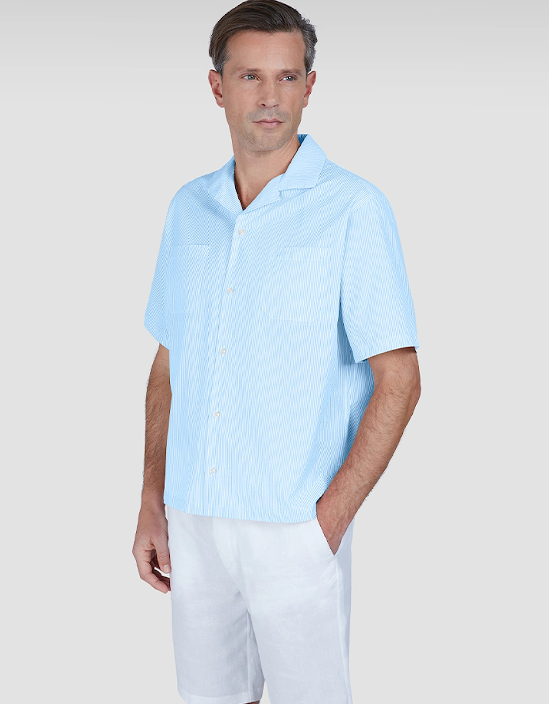 Paul & Shark Men's Blue Riviera Seersucker Cotton Collar Hawaiian Short Sleeve Shirt - Size: 38/Regular