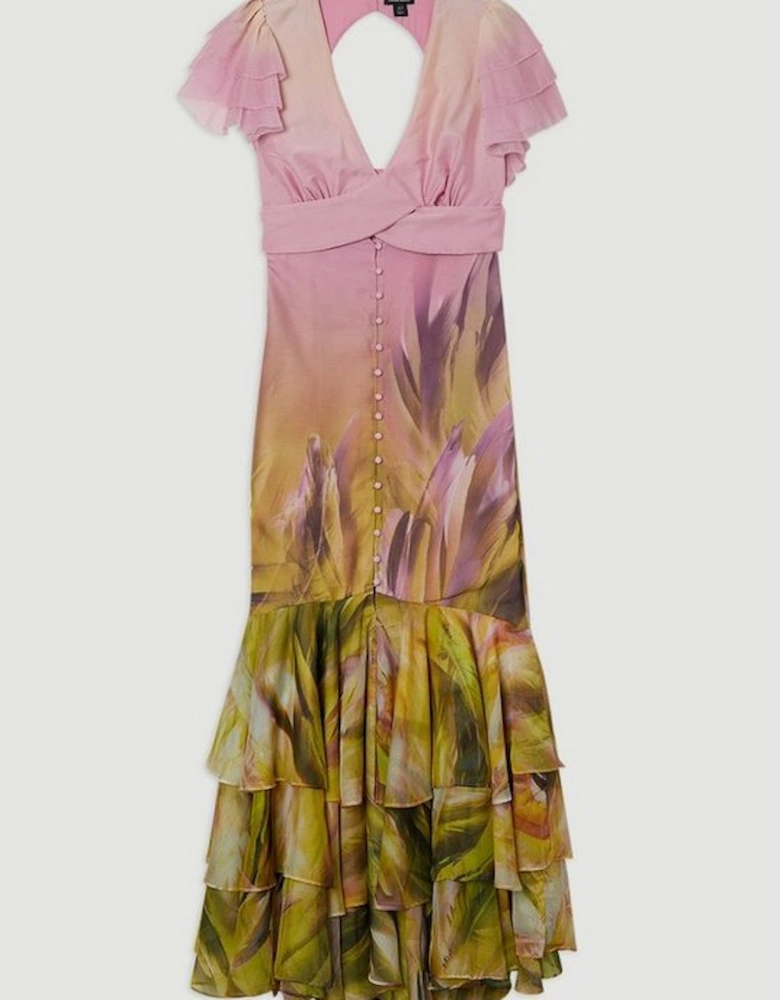 Ombre Floral Ruffle Sleeve Button Through Maxi Dress