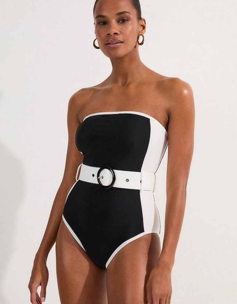 Contrast Panelled Bandeau Swimsuit With Belt
