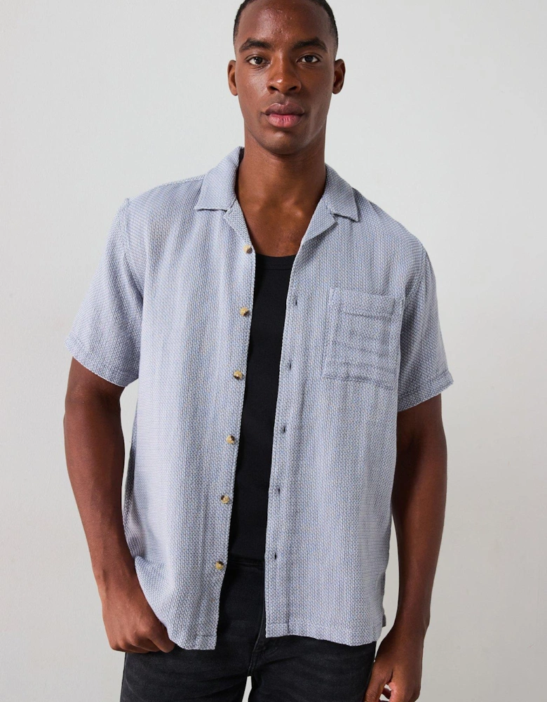 Short Sleeve Revere Textured Cotton Shirt - Blue
