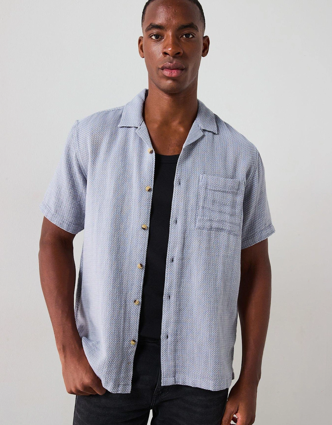 Short Sleeve Revere Textured Cotton Shirt - Blue, 6 of 5