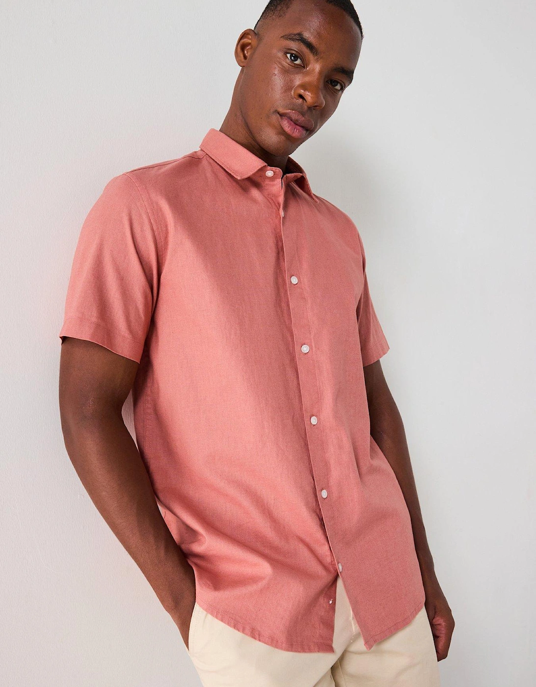 Short Sleeve Standard Collar Linen Shirt - Terracotta, 5 of 4