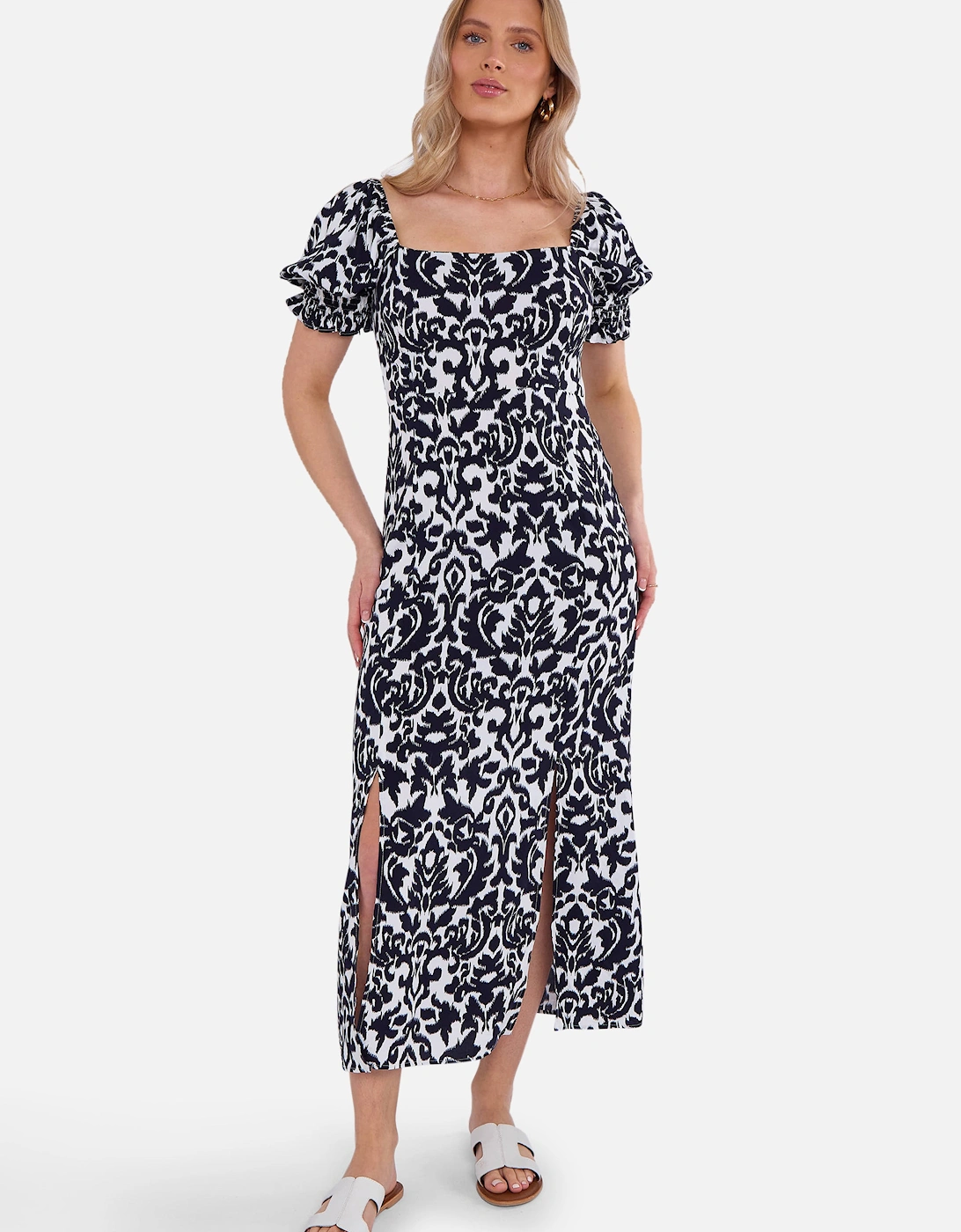 Gini London Women's Navy Puff Sleeves Split Viscose Midi Dress - Black - Size: 8