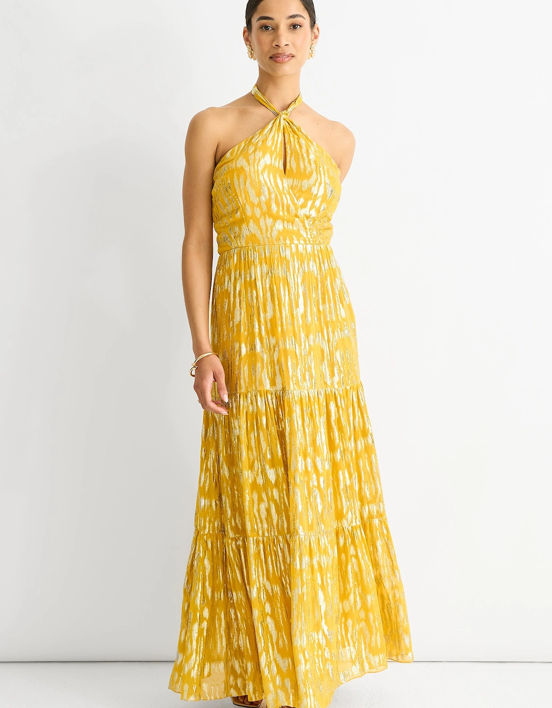 Gini London Women's Animal Jacquard Halter Neck Maxi dress - Yellow - Size: 10