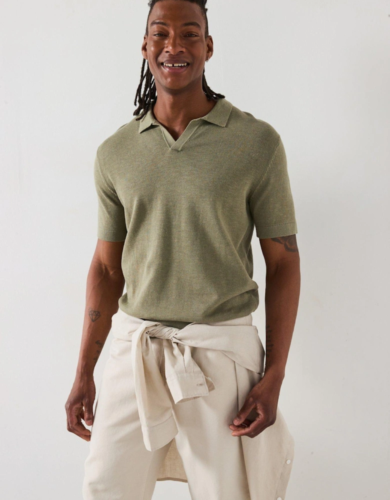 Mattis Short Sleeve Open Collar Knitted Polo - Light Khaki