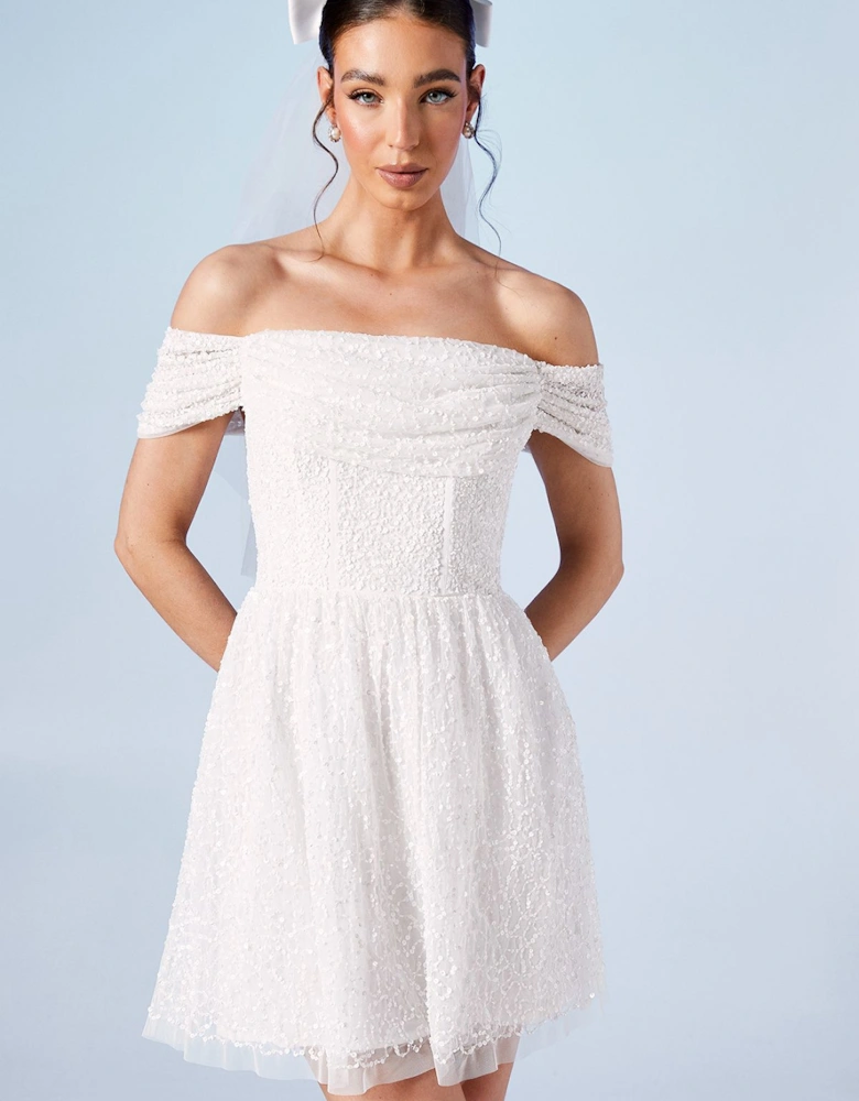 Bardot Full Skirted Embellished Bridal Mini Dress