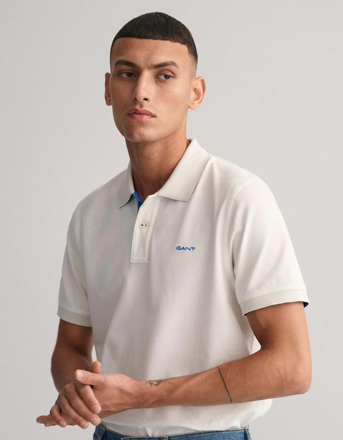 Gant Men's White Regular Fit Short Sleeve Contrast Pique Rugger - 113 Eggshell  42 Xl