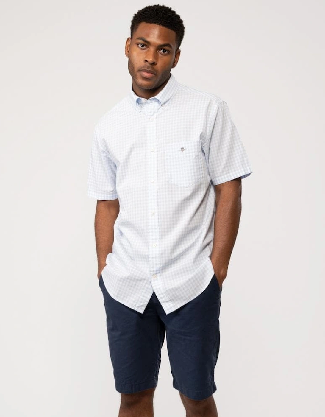Men's GANT Mens Regular Fit Short Sleeve Poplin Gingham Shirt - 455 Light Blue - White - Size: 38/Regular