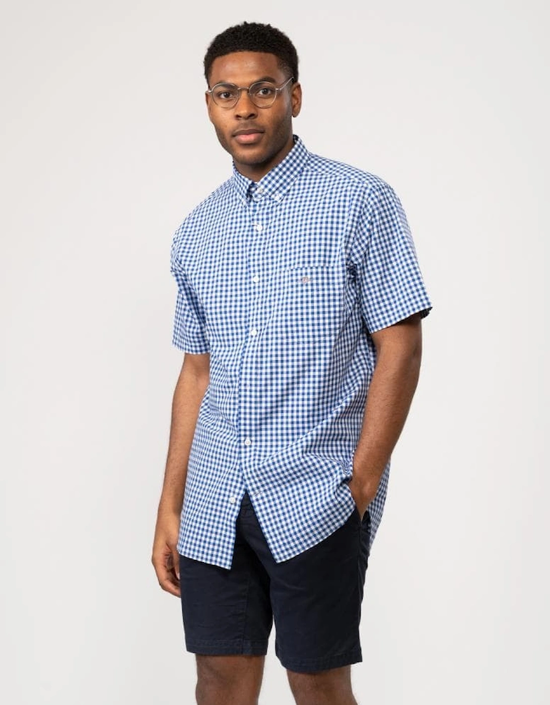 Men's GANT Mens Regular Fit Short Sleeve Poplin Gingham Shirt - 436 College Blue - Size: 40/Regular
