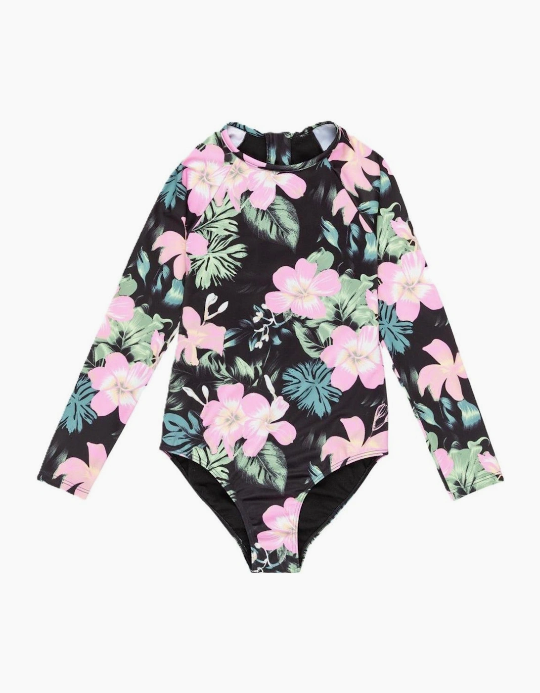 Girl's Roxy Kids Shadow Floral Onesie Long Sleeve Rash Vest - Anthracite Shadow Floral - Size: 10 years