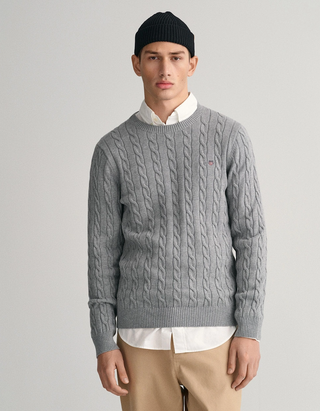 Gant Men's Grey Cotton Cable Knit Crew Neck Jumper - 93 Melange - Size: 38