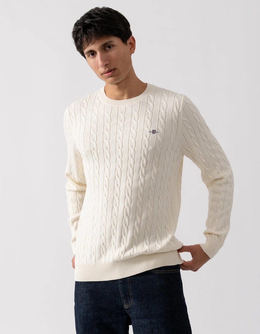 Men's GANT Mens Cotton Cable Knit Crew Neck Jumper - 130 Cream - White - Size: 38