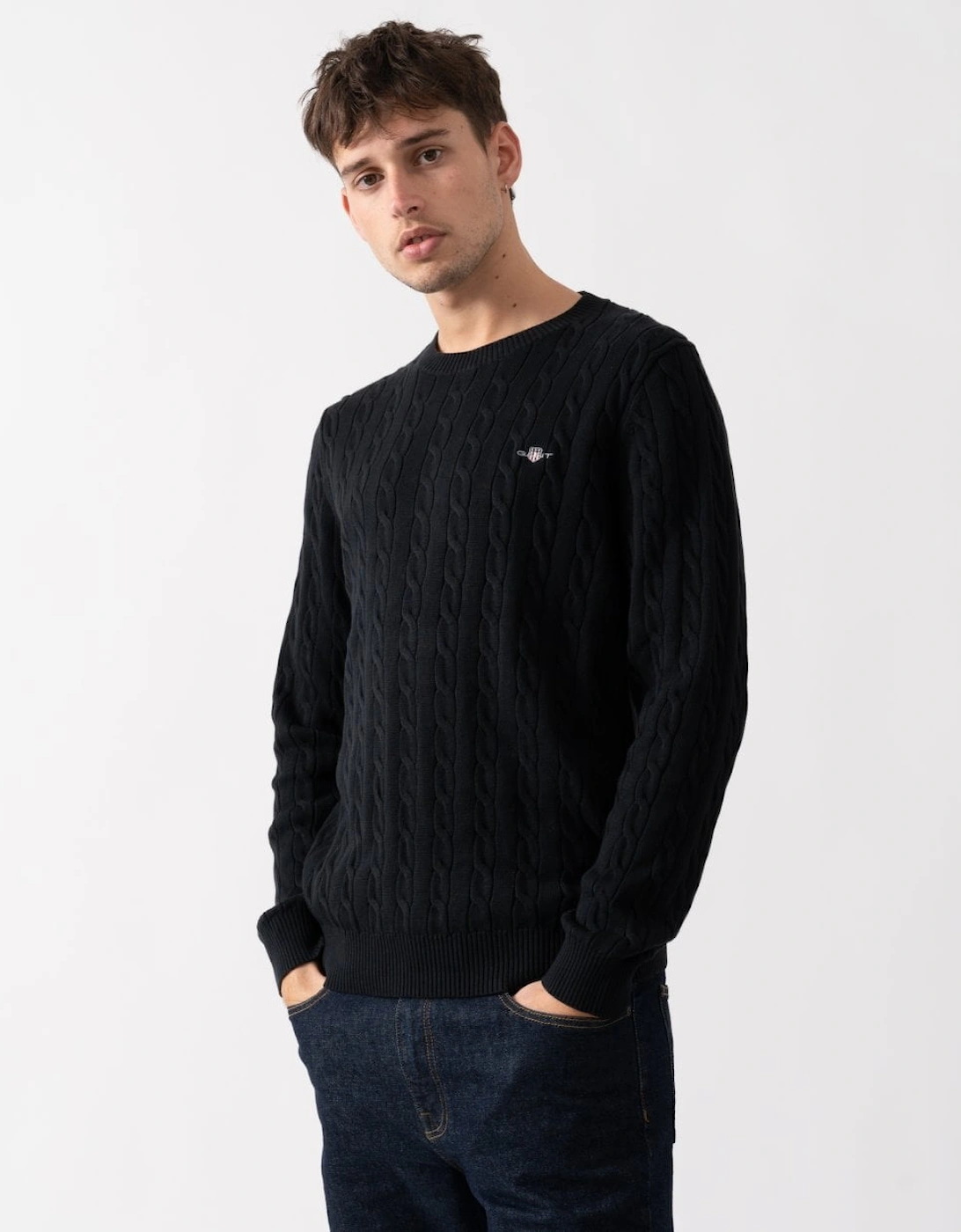 Men's GANT Mens Cotton Cable Knit Crew Neck Jumper - 5 Black - Size: 42