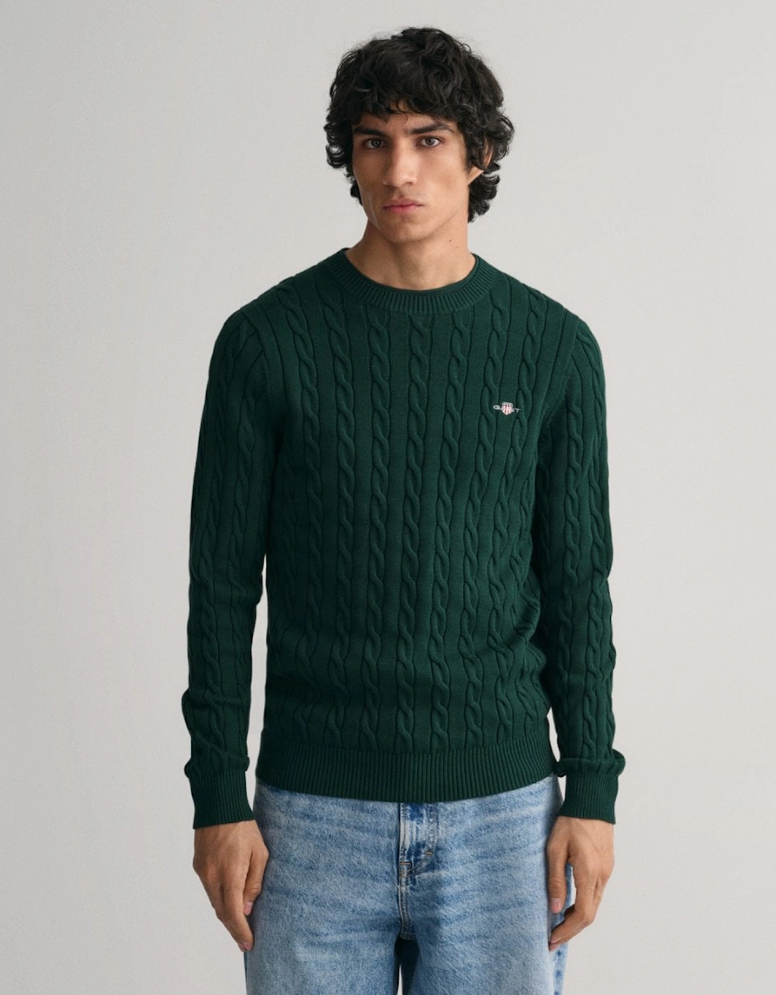Gant Men's GANT Mens Cotton Cable Knit Crew Neck Jumper - 374 Tartan Green - Navy
