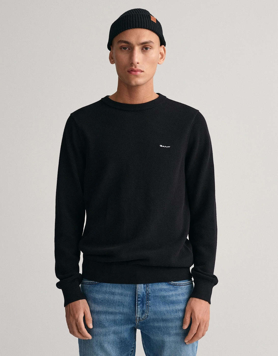 Gant Men's Black Cotton Pique Crew Neck Jumper - : 42/Regular Xl