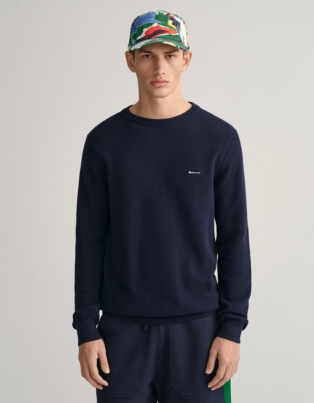 Gant Men's Navy Cotton Pique Crew Neck Jumper - 433 Evening Blue  44 Xxl