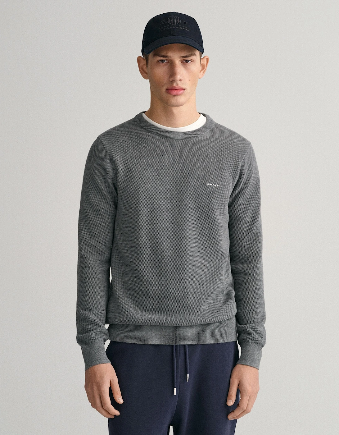 Gant Men's Grey Cotton Pique Crew Neck Jumper - 92 Dark Melange  42 Xl