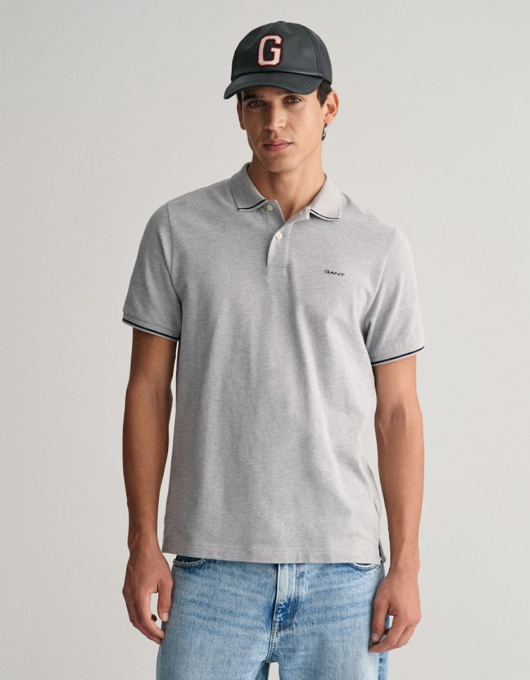 Gant Men's Grey Short Sleeve Tipping Pique Polo - : 38/Regular M