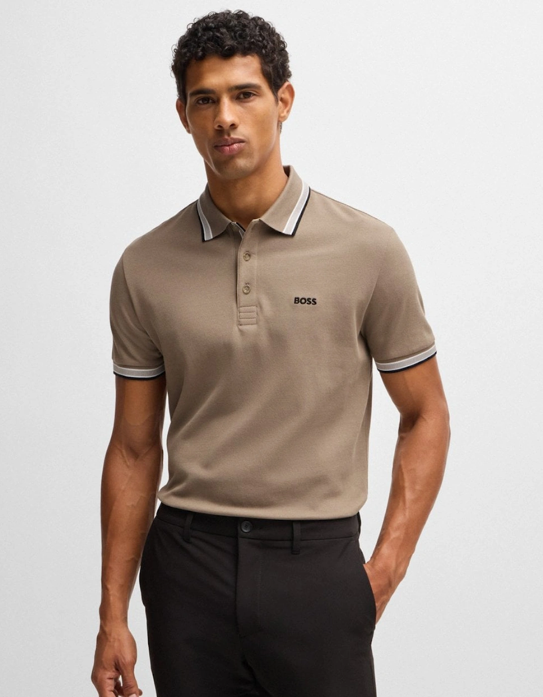 Boss Men's BOSS Green Paddy Mens Cotton-Piqué Polo Shirt with Contrast Logo - Light Brown 336 - Tan