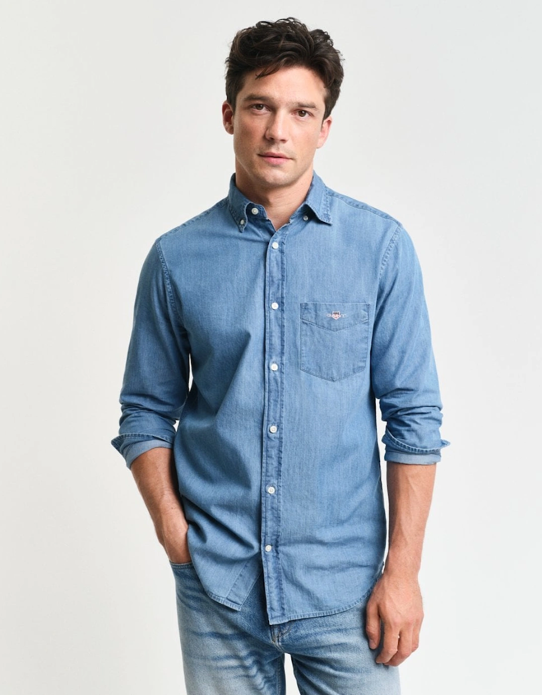 Men's GANT Mens Regular Fit Indigo Shirt - 980 Semi Light Blue - Size: 40/Regular