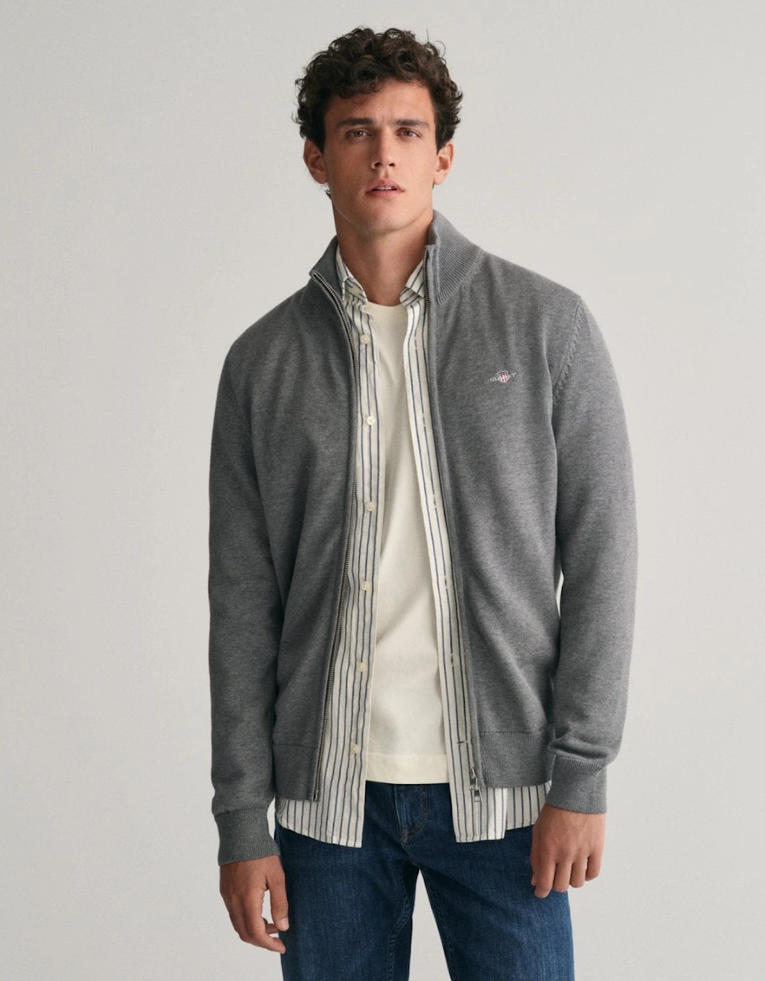 Gant Men's Grey Casual Cotton Zip Cardigan - 92 Dark Melange - Size 38