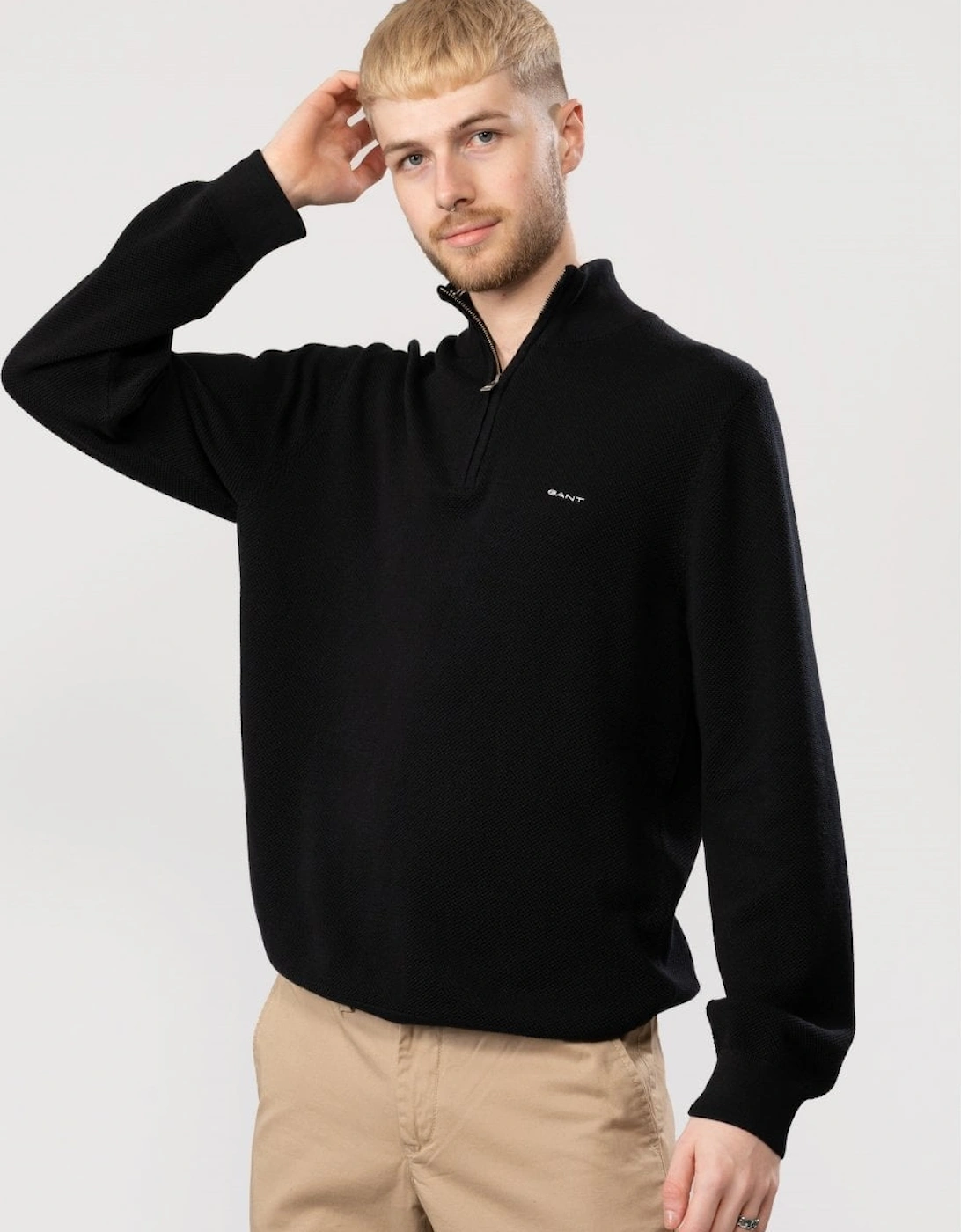 Gant Men's Black Cotton Pique Half Zip Jumper - : 40/Regular L
