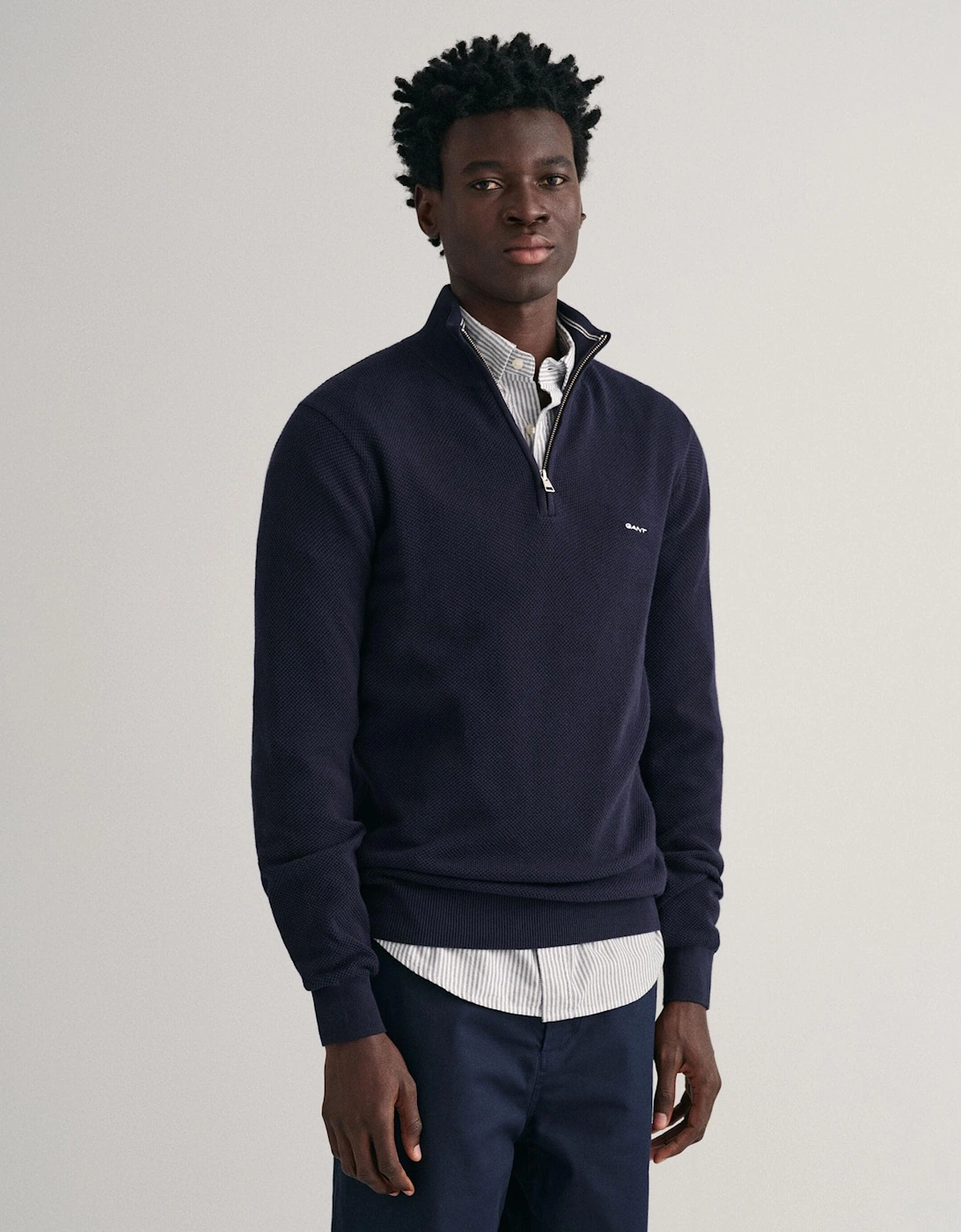 Gant Men's Navy Cotton Pique Half Zip Jumper - 433 Evening Blue  40 L
