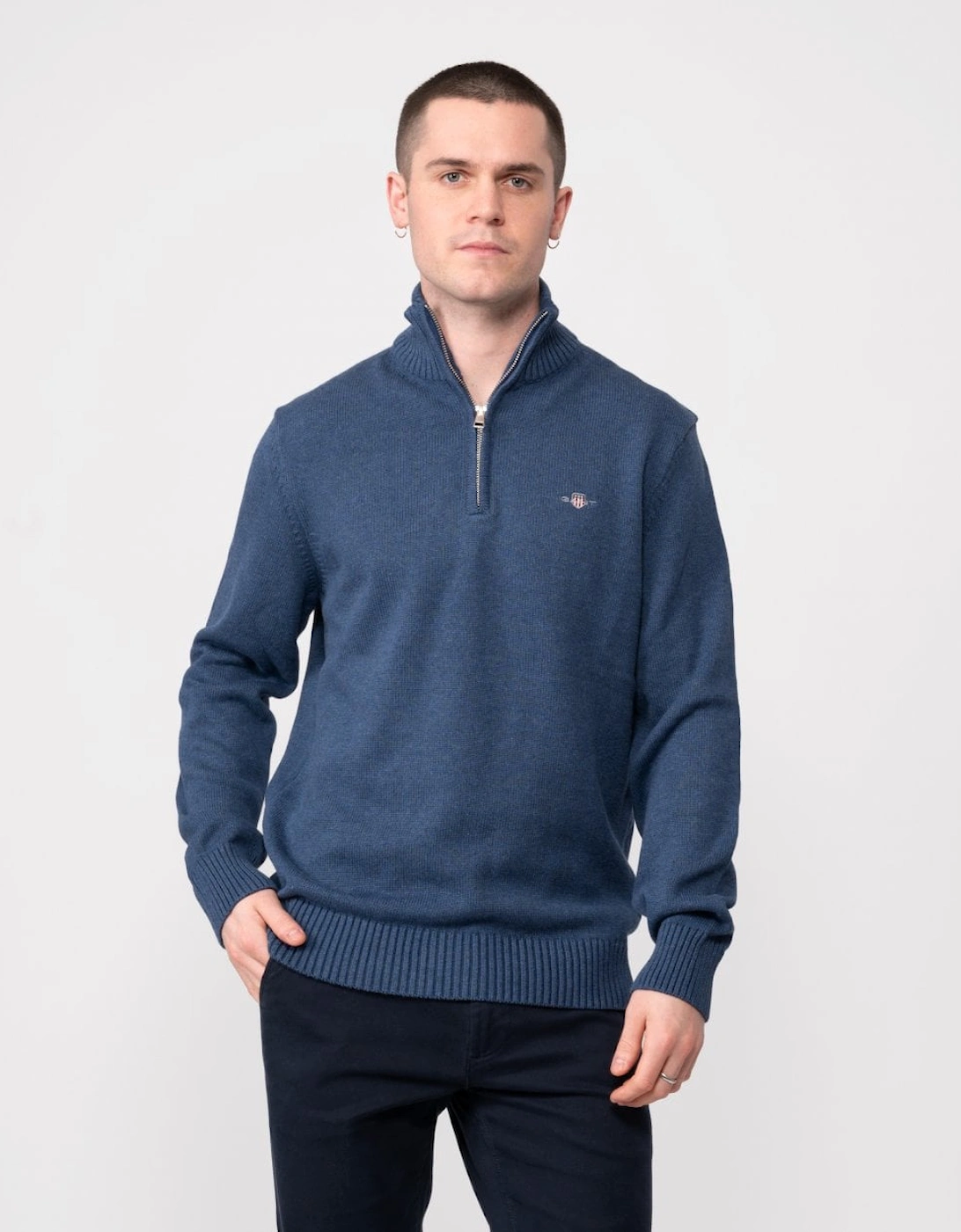 Gant Men's Navy Casual Cotton Half Zip Jumper - 902 Dark Jeansblue Melange  44 Xxl