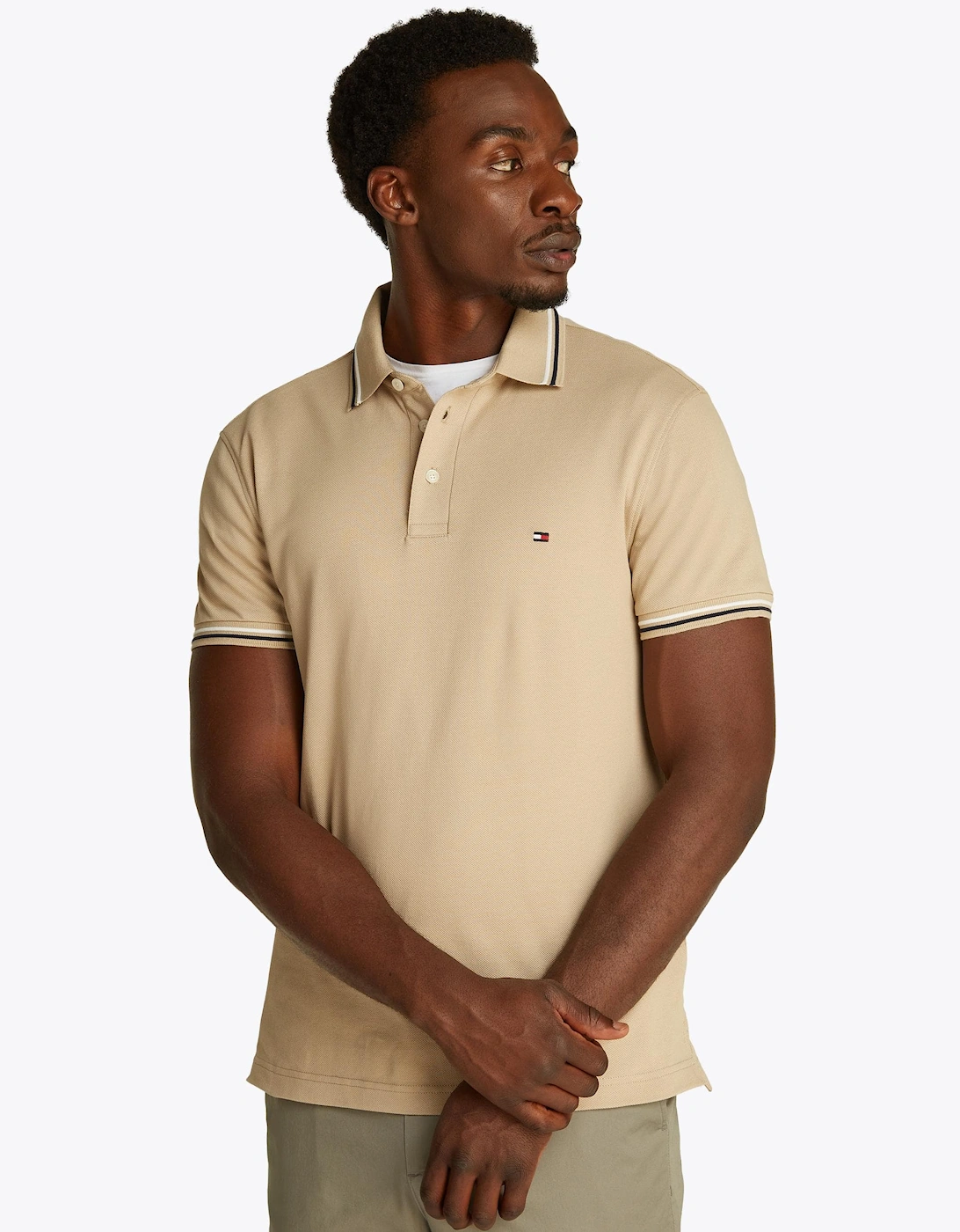 Tommy Hilfiger Men's Tan Tipped Slim Fit Polo - : 42/Regular Xl