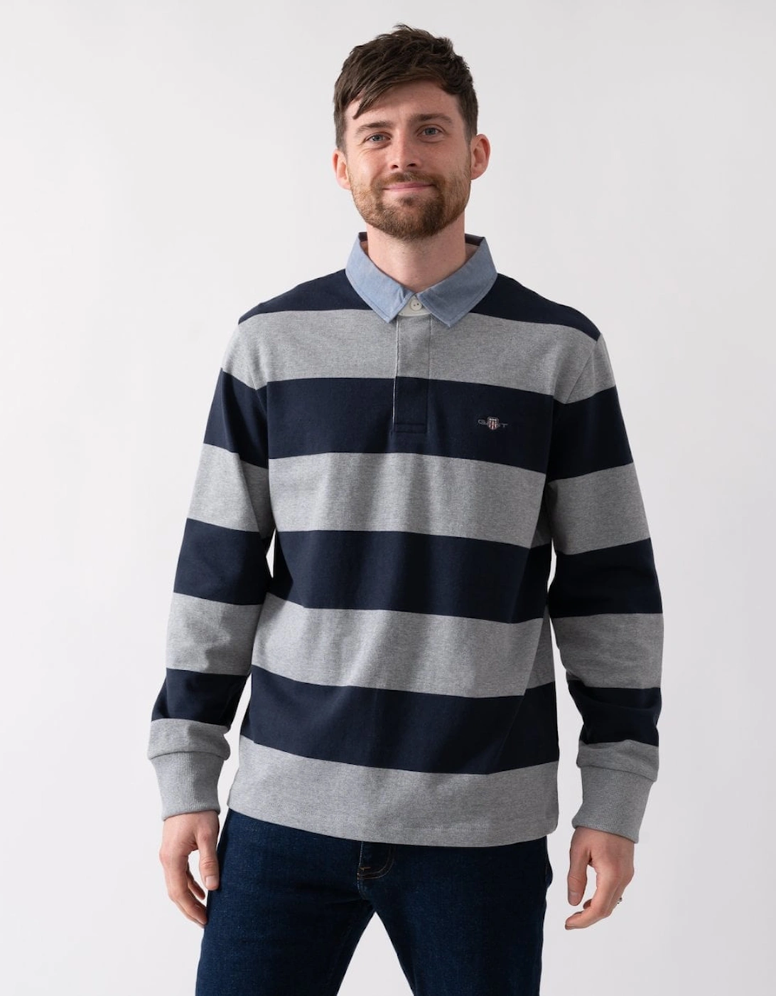 Men's GANT Mens Regular Fit Chambray Stripe Heavy Rugger - 93 Grey Melange - White - Size: 44