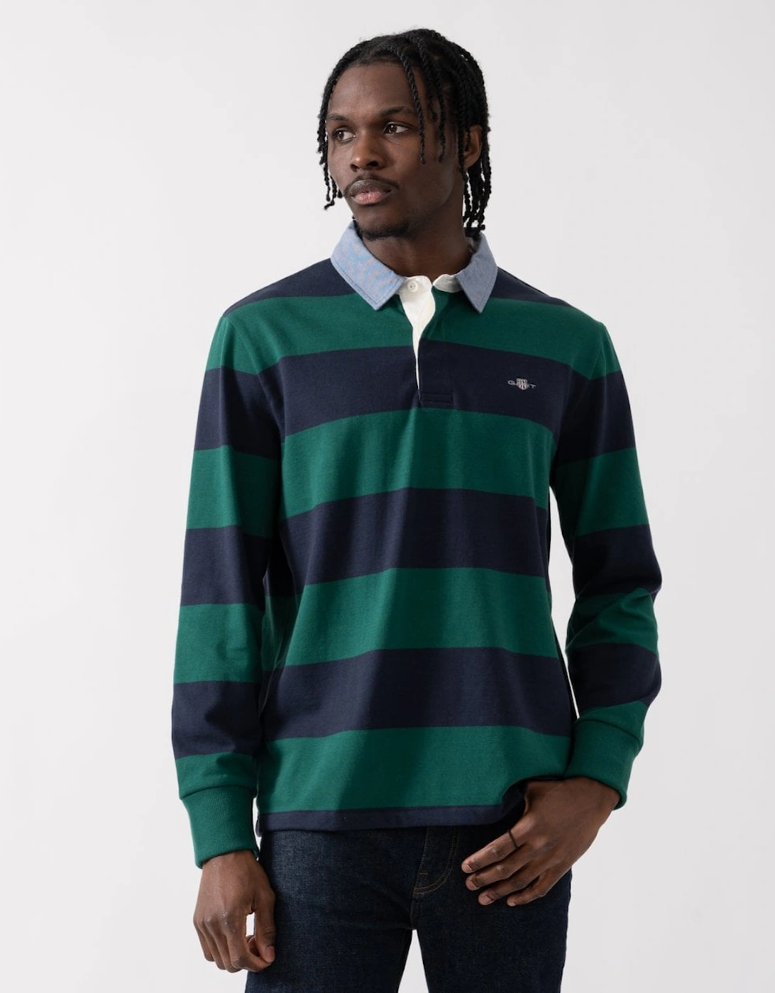 Mens Regular Fit Chambray Stripe Heavy Rugger - 373 Deep Forest Green, 6 of 5