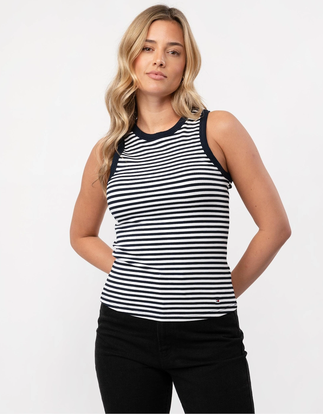 Women's Tommy Hilfiger Stripe Rib Womens Slim Tank Top - Mini Stripe Desert Sky/White - Size: 12