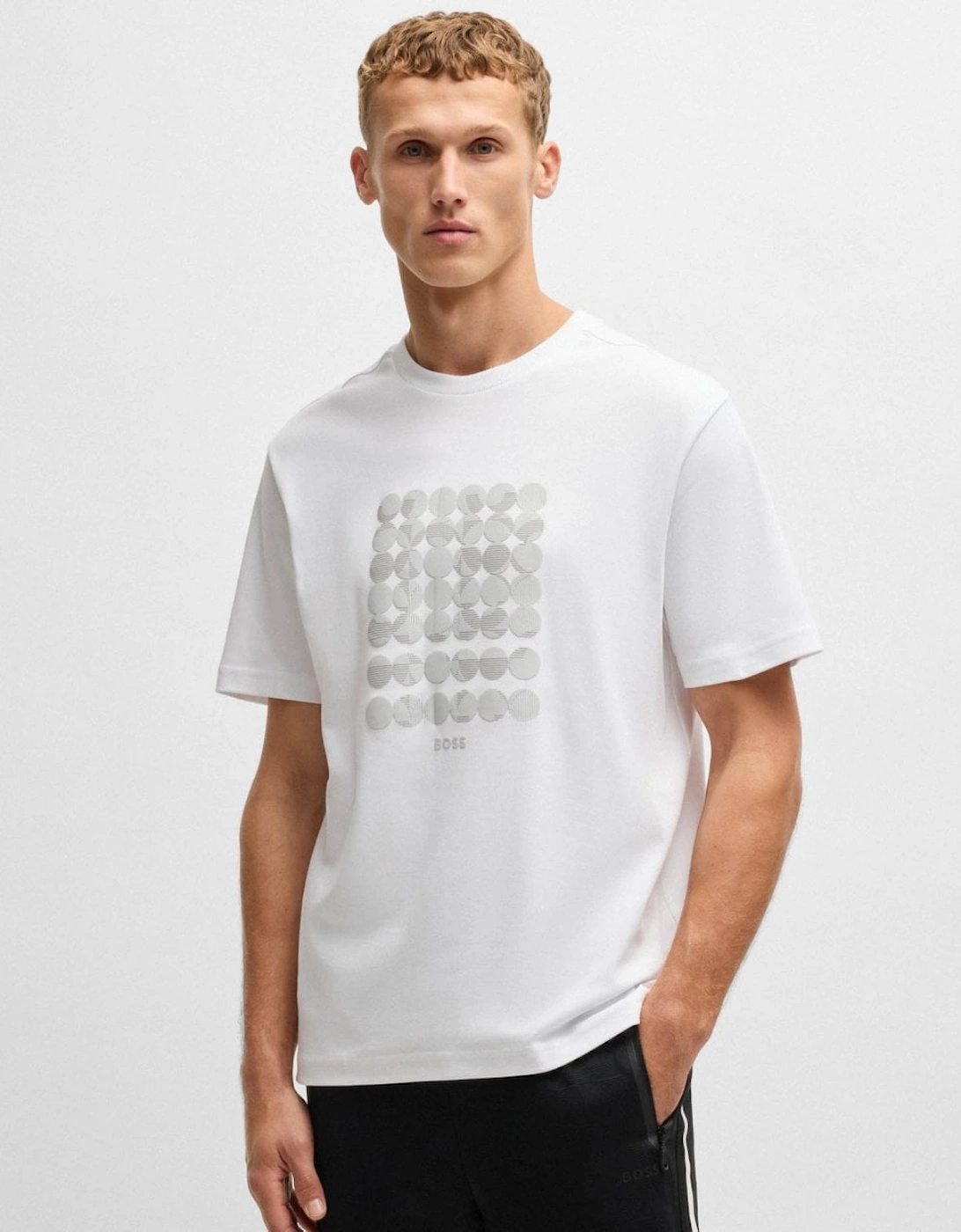 Men's BOSS Green Tee Mens Interlock-Cotton T-Shirt with Circle Artwork - White 100 - Size: 40