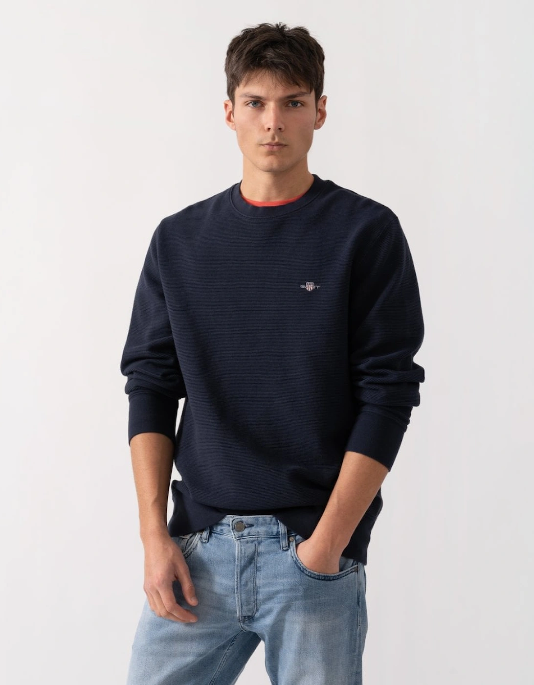 Gant Men's Navy Texture Crew Neck Sweatshirt - : 42/Regular Xl